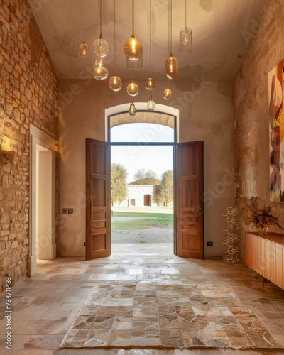 Luxury countryside home entrance designed in rustic style