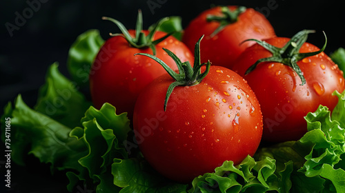 Bright red tomatoes and lettuce on a black background