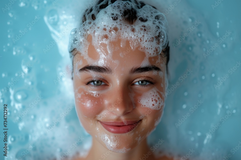 Happy woman in shower with blue background for morning routine in studio mockup Cleaning hair with shampoo smiling in soapy foam for healthy haircare and happy b Happy woman in shower with blue background for morning routine in studio mockup Cleaning hair with shampoo smiling in soapy foam for healthy haircare and happy b