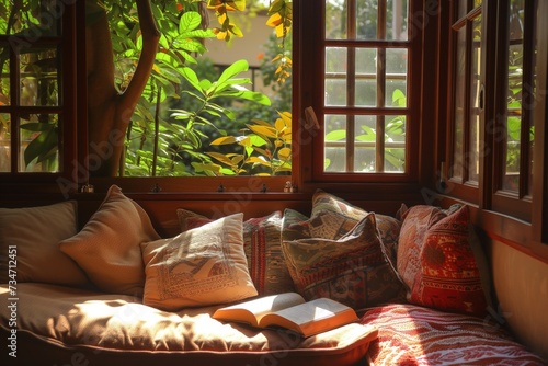 sunfilled nook with a pile of cushions and a good book photo