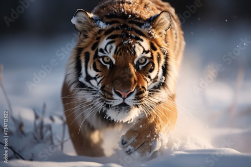 a tiger running through the snow