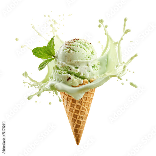 Mint Ice cream in the waffle cone with splash isolated on white background