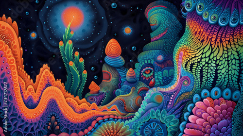 Psychedelic colorful background of plants and underwater life.