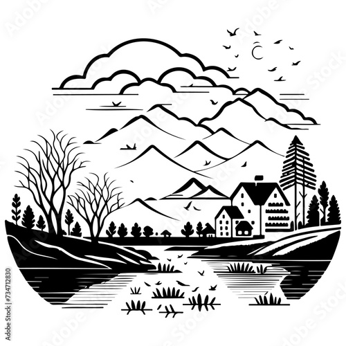Village river graphic illustration sketch draw