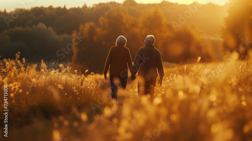 An older couple of different ethnicities holding hands and walking through a field at sunset  symbolizing enduring love. The lighting should create a warm