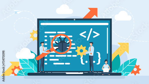 Testing software on laptop in search of bugs and virus. QA team finding, searching, looking for bugs, errors in program, system. Testers in Quality assurance department. Flat vector illustration