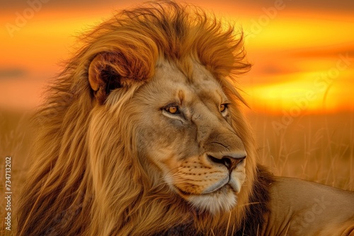 a majestic lion with crown tucked into its mane during sunset