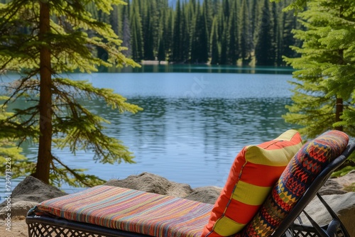 lounge chair with colorful cushions, calm lake and pine trees