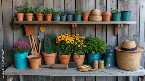 Gardening concept. Pots of plants of various sized on shelves in backyard.