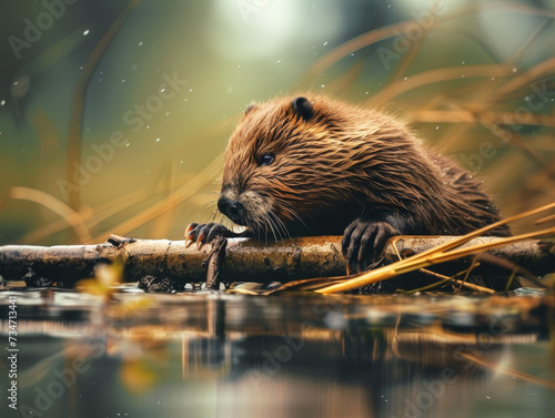 A closeup photo of a beaver building a dam.  © Jan