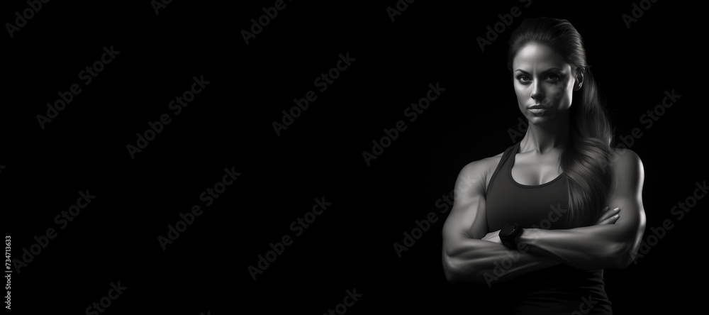 Beautiful female fitness model portrait banner with copy space. black and white isolated on black background Beautiful female fitness model portrait banner with copy space. black and white isolated on black background