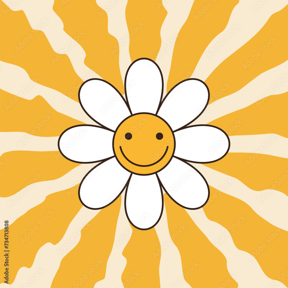 Groovy retro yellow sunburst starburst with ray of light. Background with white smiling daisy flower. 60s, 70s hippie psychedelic style. Trendy colorful graphic print. Sunny template. Flat design. Groovy retro yellow sunburst starburst with ray of light. Background with white smiling daisy flower. 60s, 70s hippie psychedelic style. Trendy colorful graphic print. Sunny template. Flat design.
