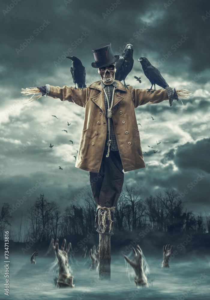 Obraz premium Evil scarecrow and zombies rising