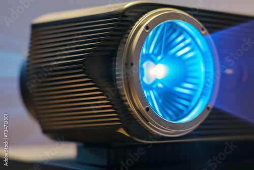 closeup of modern projector lens with illuminated blue light
