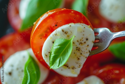 Italian food concept Caprese salad on a close up fork with tomato mozzarella and basil