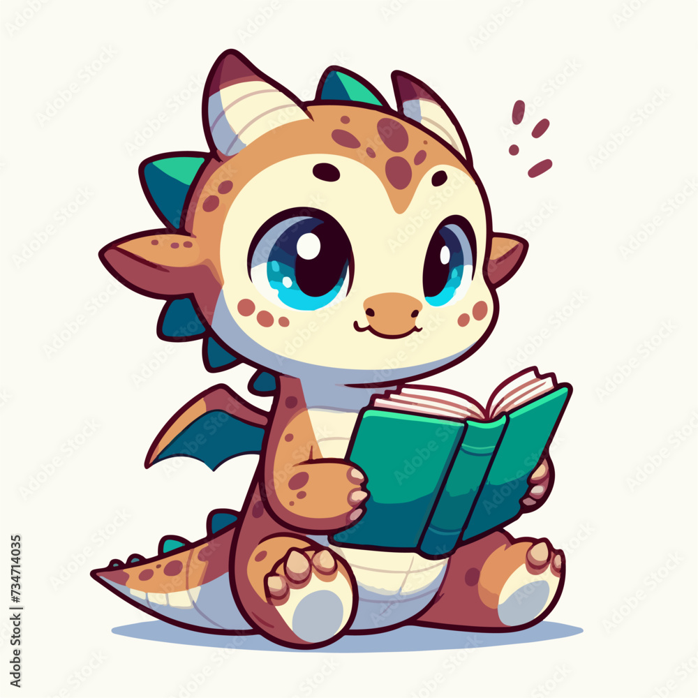 Cute dragon studying while reading a book. Cartoon character mascot for children book, sticker, doodle. Dragon mascot template reading a book. Cute dragon studying while reading a book. Cartoon character mascot for children book, sticker, doodle. Dragon mascot template reading a book.