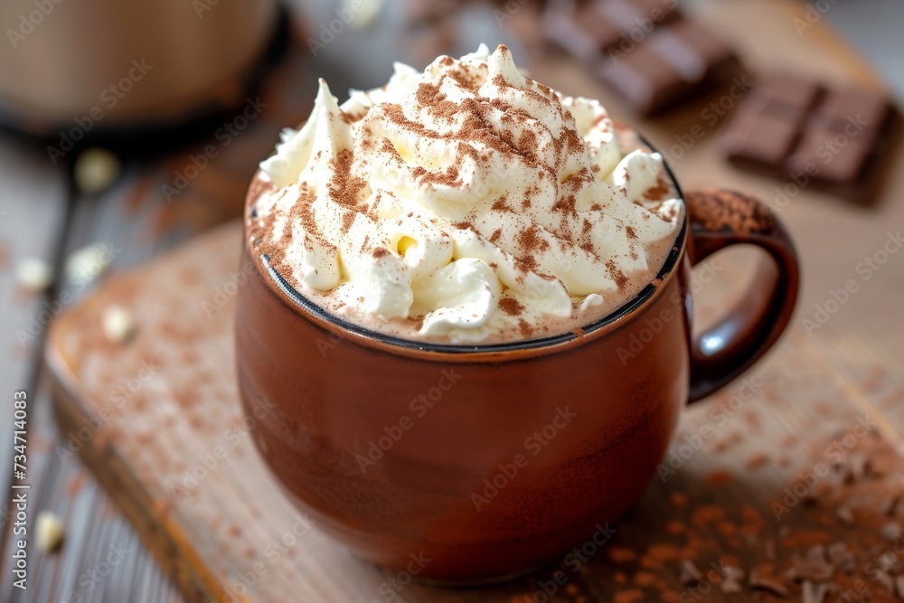 Hot chocolate in a mug topped with cream Hot chocolate in a mug topped with cream