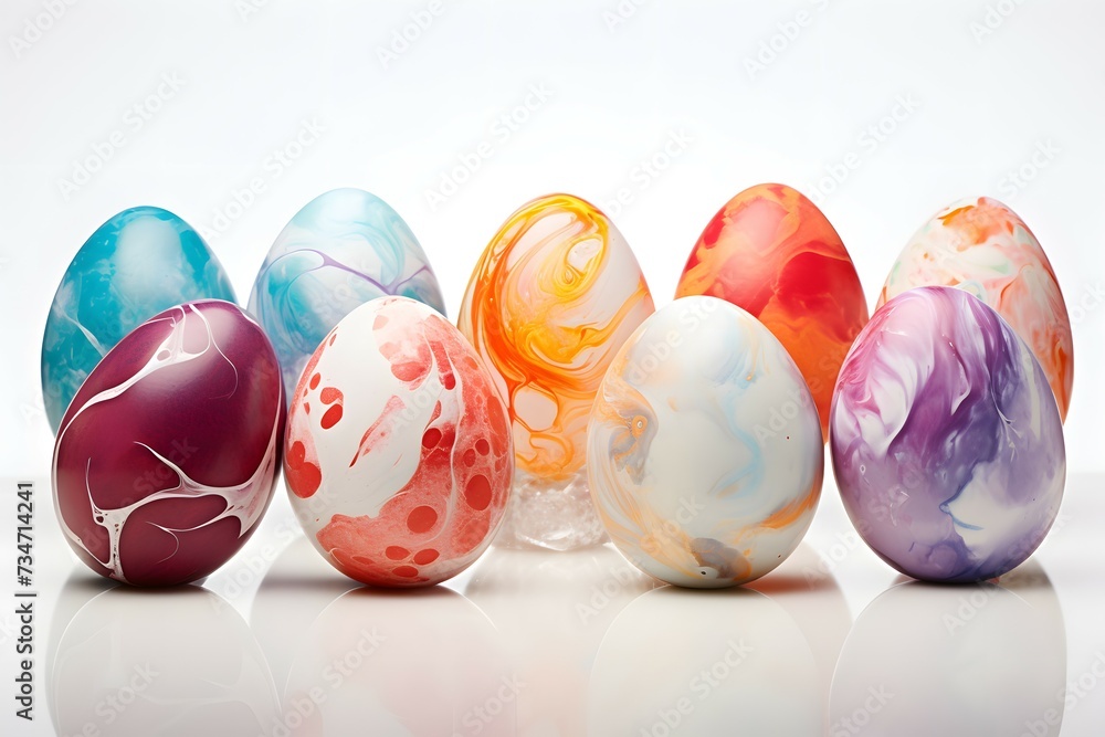 A collection of colorful, marble-patterned easter eggs arranged on a smooth surface against a white background A collection of colorful, marble-patterned easter eggs arranged on a smooth surface against a white background