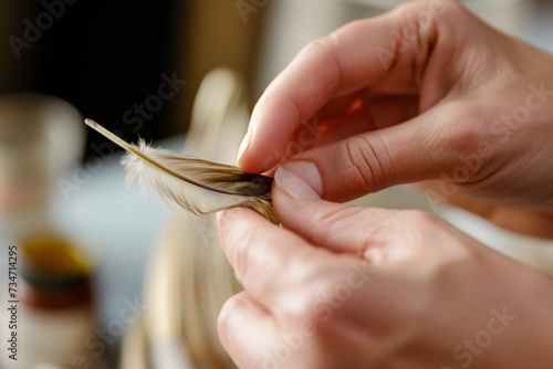 closeup of someones hands using a feather to demonstrate oil adhesion properties