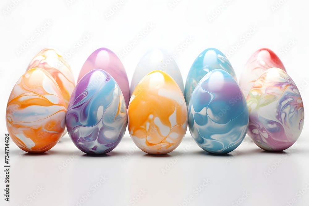 A collection of colorful, marble-patterned easter eggs arranged on a smooth surface against a white background A collection of colorful, marble-patterned easter eggs arranged on a smooth surface against a white background