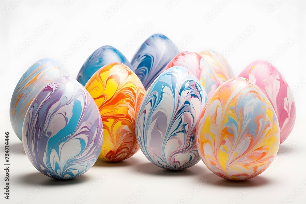 A collection of colorful, marble-patterned easter eggs arranged on a smooth surface against a white background A collection of colorful, marble-patterned easter eggs arranged on a smooth surface against a white background