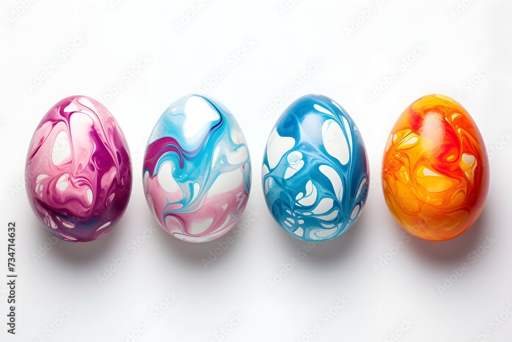 A collection of colorful, marble-patterned easter eggs arranged on a smooth surface against a white background A collection of colorful, marble-patterned easter eggs arranged on a smooth surface against a white background