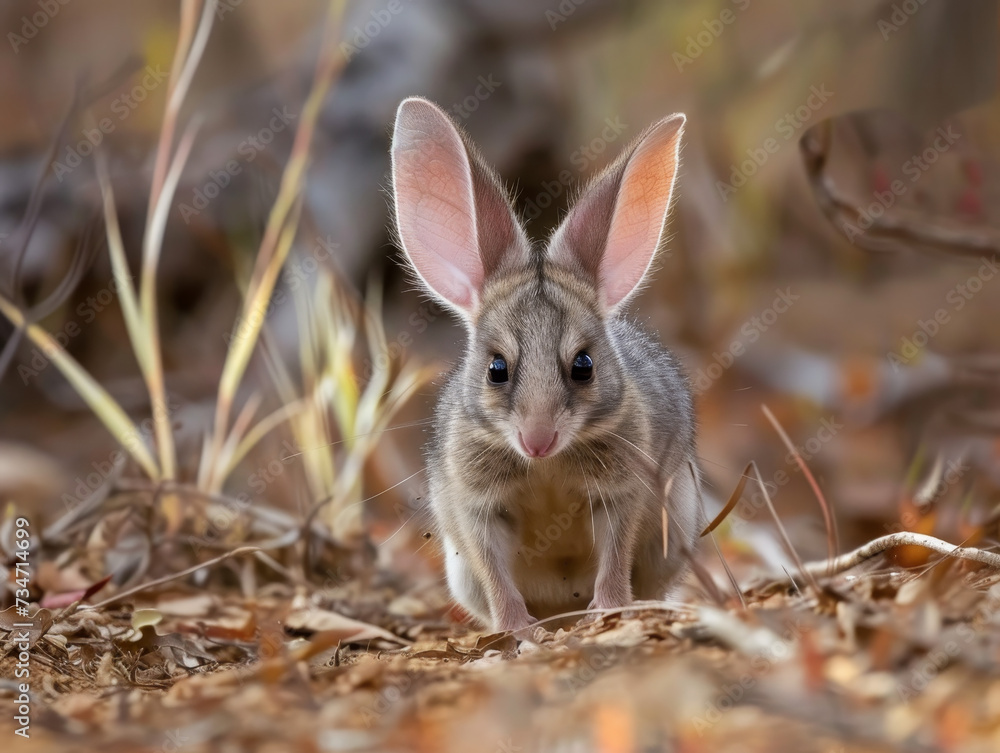 A charming bilby with large ears amidst leaves, in a soft-focus natural setting. A charming bilby with large ears amidst leaves, in a soft-focus natural setting.