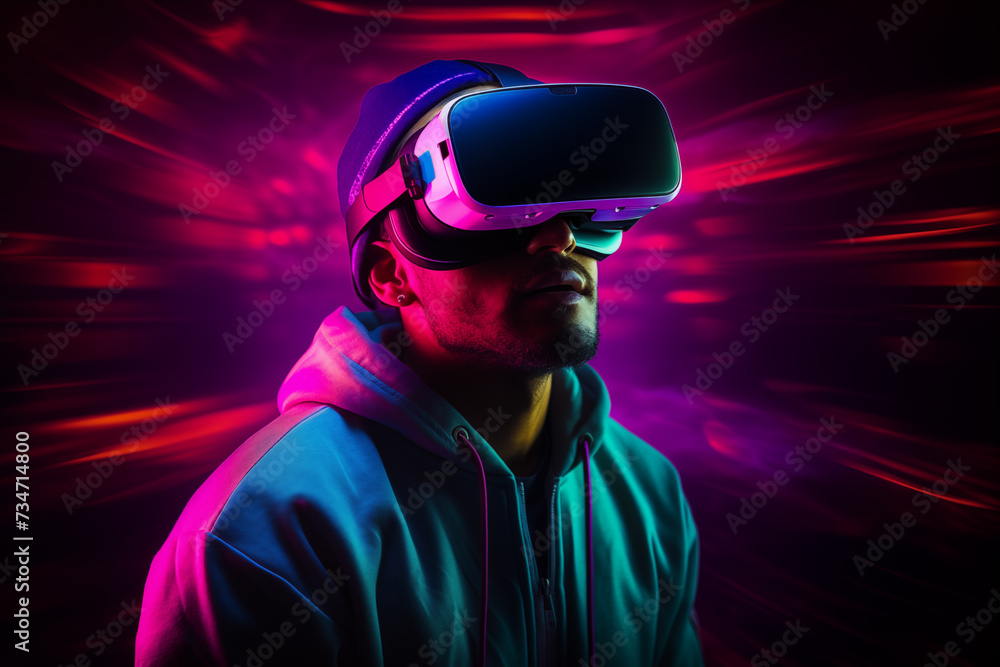 Young man in glasses of virtual reality. Neon light. Young man in glasses of virtual reality. Neon light.