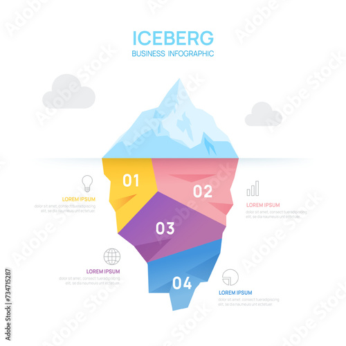 Iceberg infographic template for business. Modern 4 steps to success. Presentation slide template, digital marketing data, presentation vector infographics.