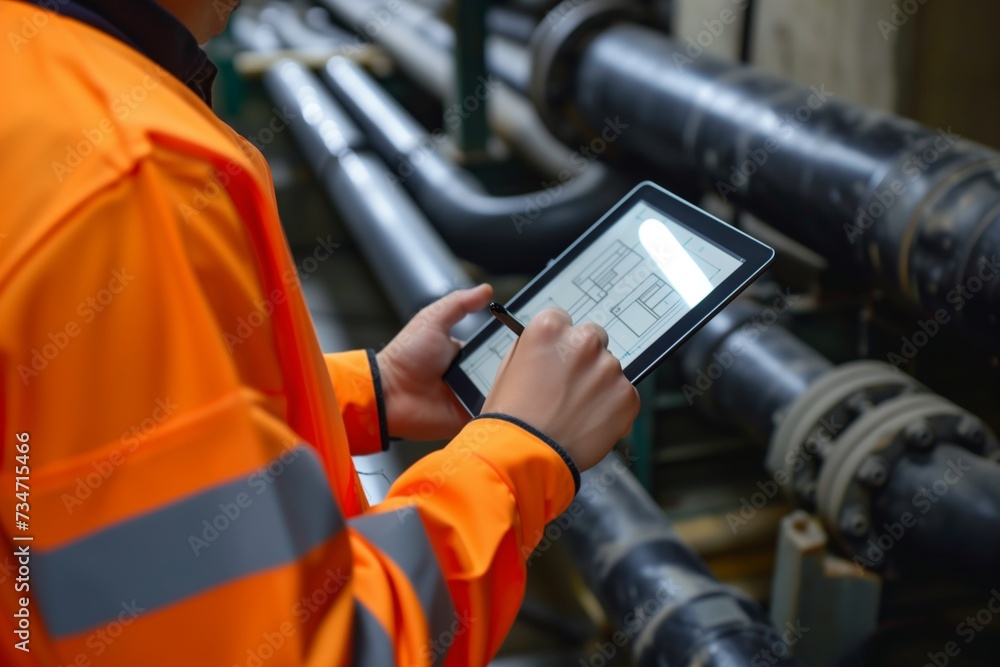 Fototapeta premium worker with tablet planning pipe layout