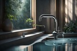 modern, minimalist faucet exhibits a solitary droplet of water as it descends, symbolizing the significance of conservation and responsible water usage