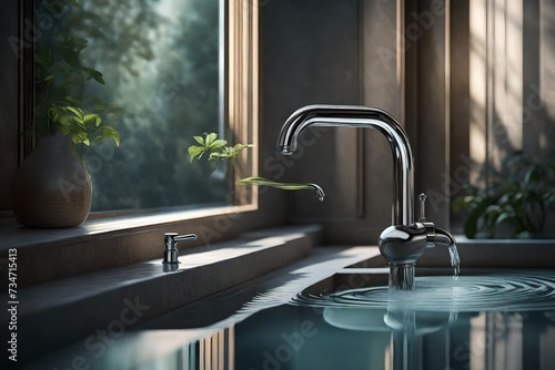 modern, minimalist faucet exhibits a solitary droplet of water as it descends, symbolizing the significance of conservation and responsible water usage photo