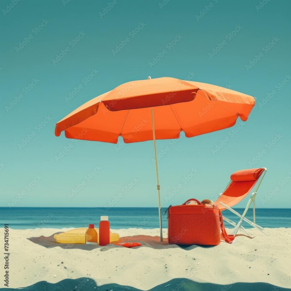 Umbrellas on the beach with mats and skin protection cream for the atmosphere when summer arrives for relaxation, sunbathing, relaxation and holidays. Generative Ai