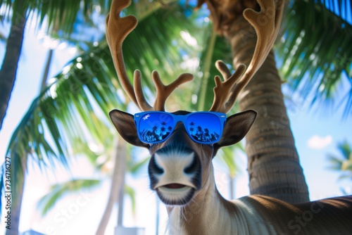 a reindeer with blue sunglasses standing under a palm tree