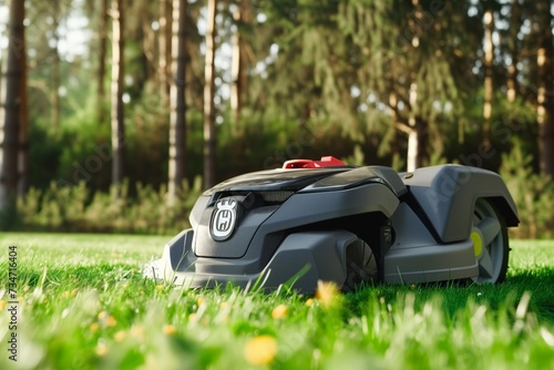 automated lawn mower cutting grass, trees in background