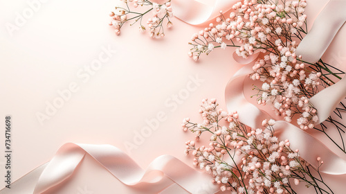 Delicate pink flowers and satin ribbons on a light pink background. Top view, space for text.