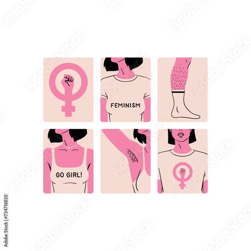 Stylish and vector illustrations for International Women's Day. Badges for women's rights and equality. A set of stickers dedicated to feminism. 