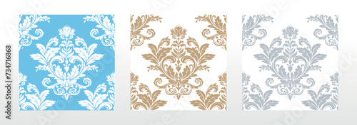 Wallpapers in the style of Baroque. Seamless vector backgrounds. Set of colored floral ornaments. Graphic patterns for fabric, wallpaper, packaging. Ornate Damask flower ornaments