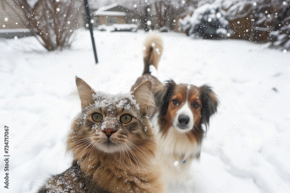 cat and dog in the snow, selfie with a wintery background