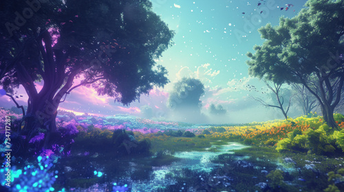 Enchanted forest scene with vibrant flowers and mystical atmosphere. Fantasy and imagination. © Postproduction