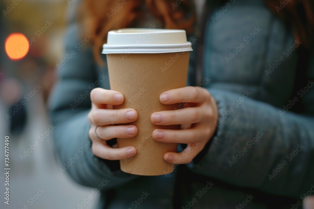 Girl holds coffee in paper cup Girl holds coffee in paper cup