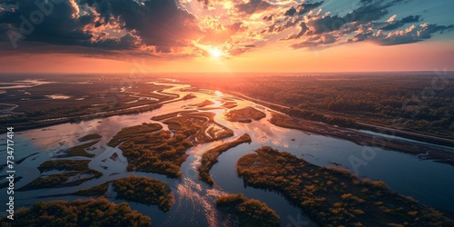 A highway with a panoramic view of a delta, with rivers meandering below and the sun rising in the distance photo