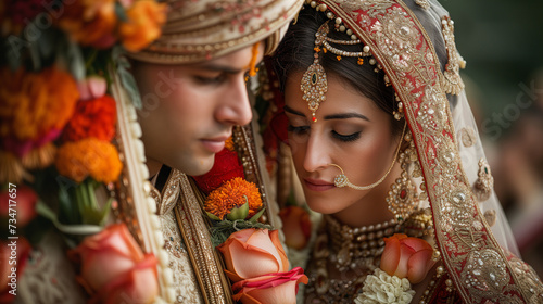 Traditional wedding attire of a young Indian couple during photoshoot.