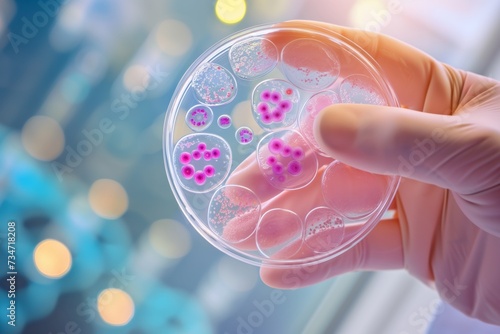 hand holding petri dish with dividing stem cells closeup photo