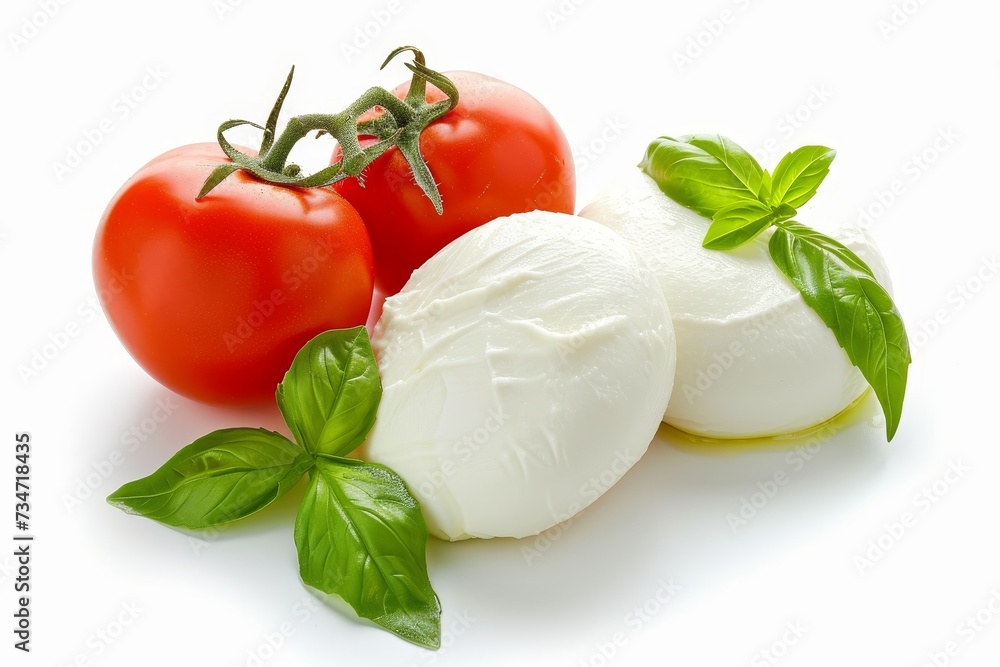 Isolated mozzarella cheese tomato basil on white background Isolated mozzarella cheese tomato basil on white background