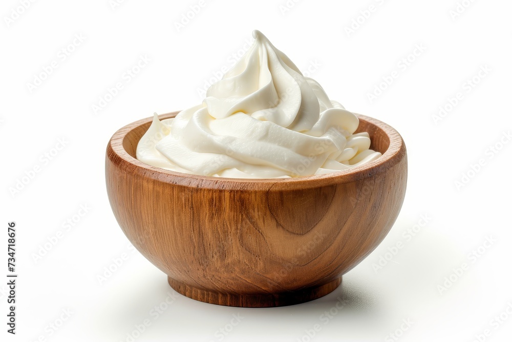Isolated white background yogurt in wooden bowl Isolated white background yogurt in wooden bowl