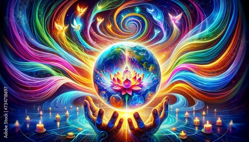 Healing the Universe with Colorful Love Waves: A Vibrant Scene within a Glass Ball, Showcasing High-Frequency Vibrations and Global Healing , Captures the essence of the healing energy 