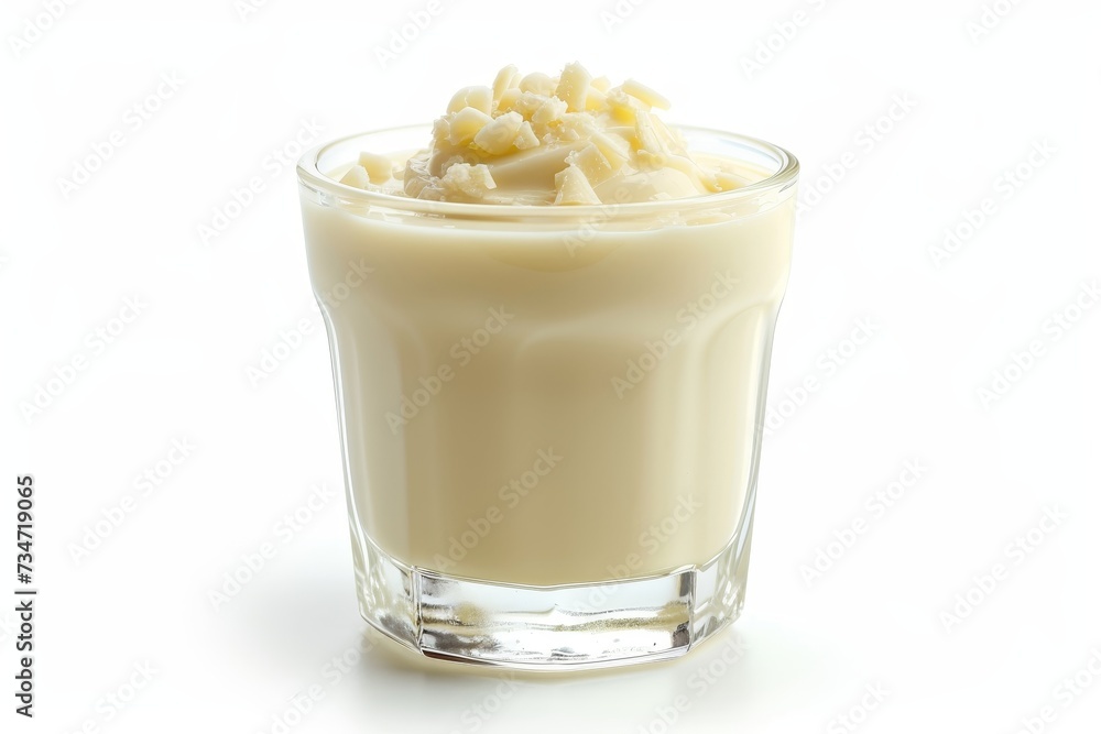 Isolated white chocolate pudding in glass on white background Isolated white chocolate pudding in glass on white background
