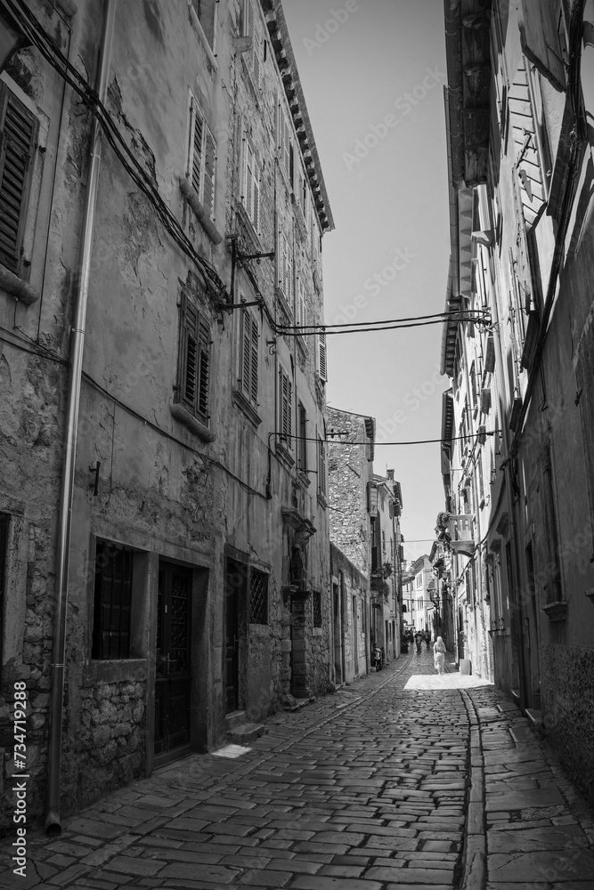 Fototapeta premium A quiet back street in the historic centre of the medieval coastal town of Rovinj in Istria, Croatia