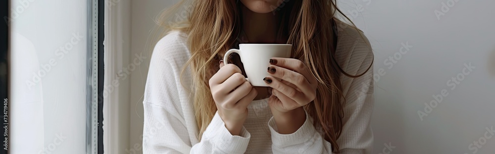 Young woman is captured holding steaming cup of coffee epitomizing essence of relaxation and joy of warm beverage closeup shot emphasizes intimate connection between person and drink Young woman is captured holding steaming cup of coffee epitomizing essence of relaxation and joy of warm beverage closeup shot emphasizes intimate connection between person and drink